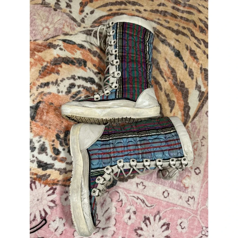 Coach Peggey Plaid Quilted Snow Boots White Multicolor Apres Ski‎ 2000's Y2K 6.5